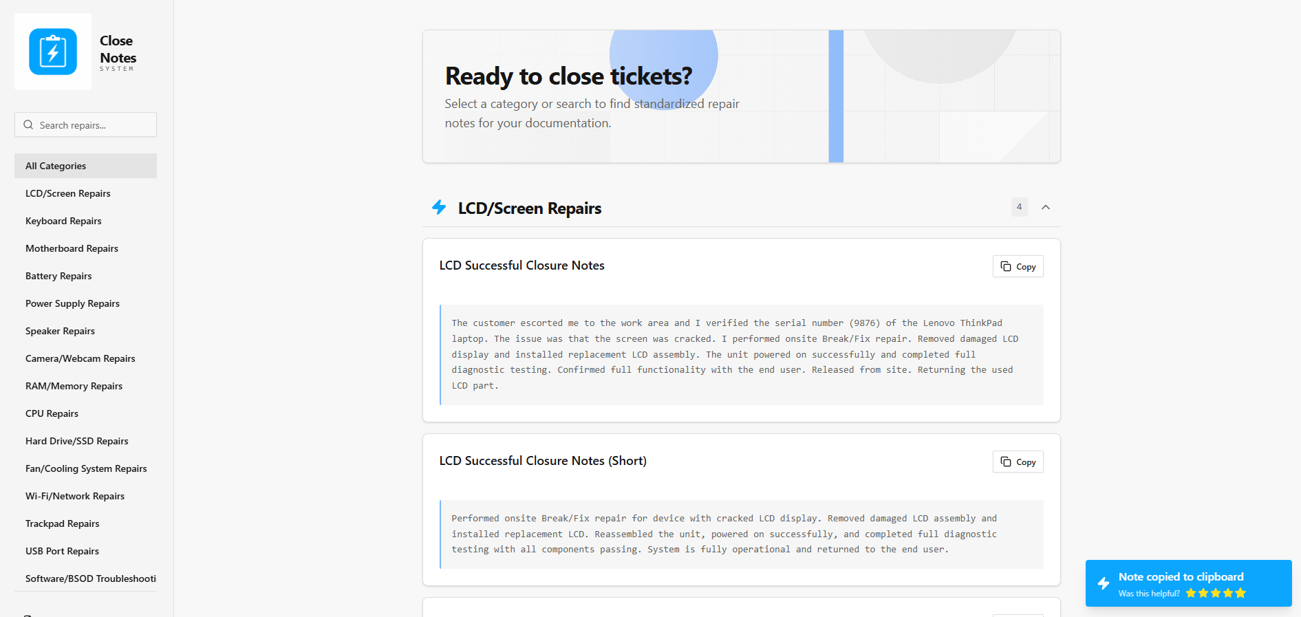 CloseNotes App Interface - Browse and copy professional close notes