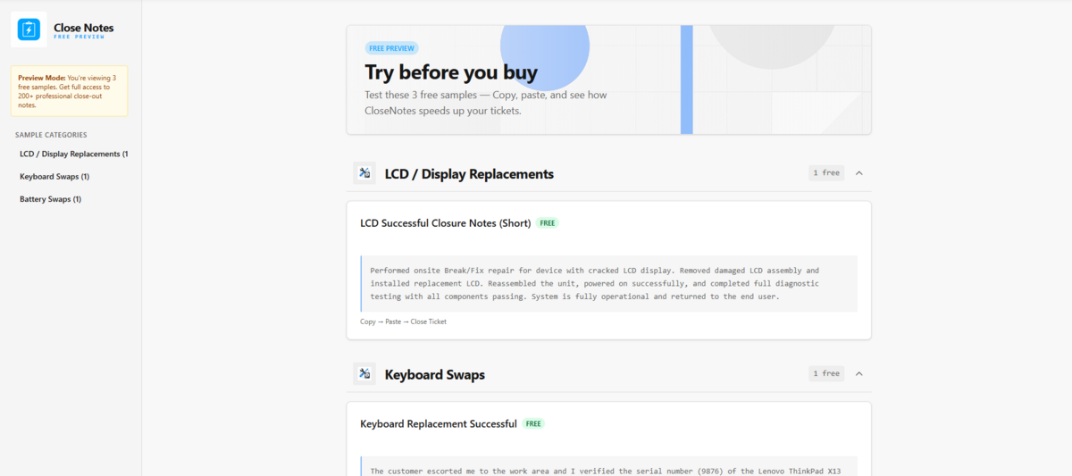 CloseNotes App - Browse categories and copy professional close-out notes instantly