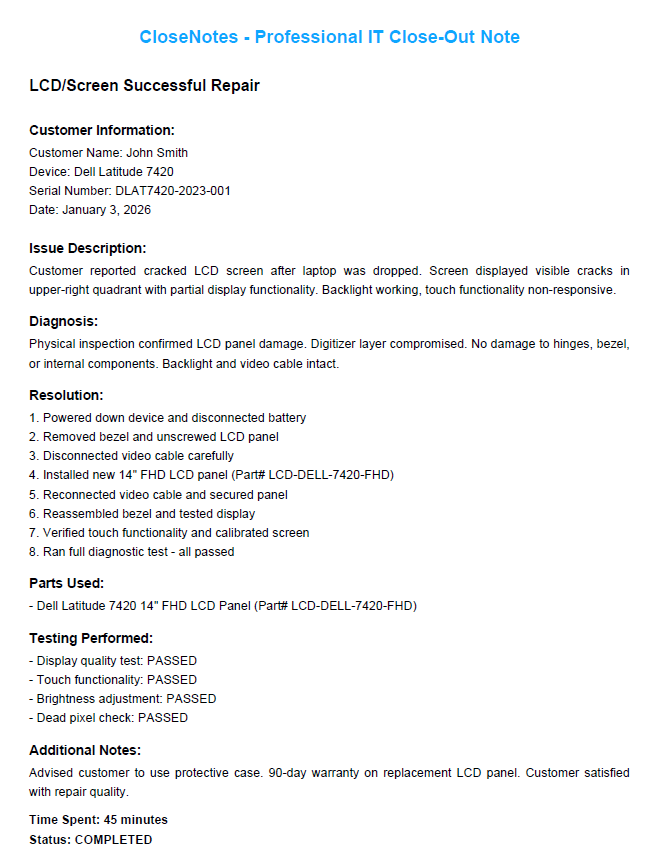 Sample CloseNotes Professional Close-Out Note